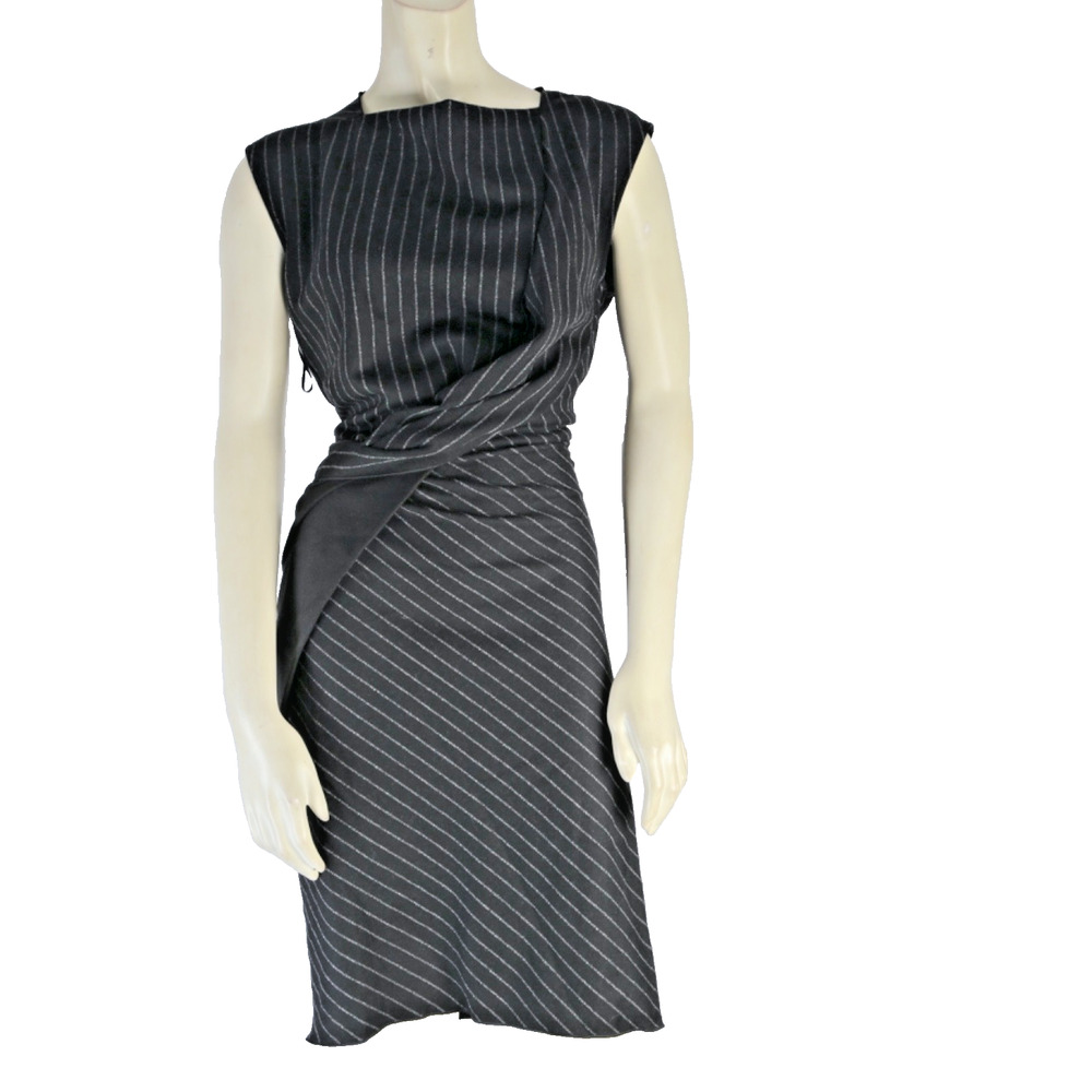 Max Mara Studio Pinstripe Dress Gray White Sleeveless Twist Front Sheath Size 46